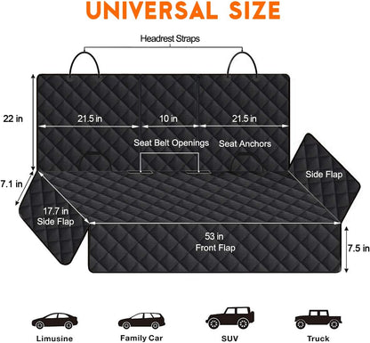 Dog Car Seat Cover - Waterproof and Durable Back Seat Protector for Pets, Fits Most Cars, SUVs, and Trucks (53” Width) - Black
